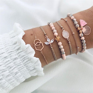 NEWBUY 6Pcs/Set Natural Beads Bracelet Boho Style Gold Heart Turtle Life Tree 8 Infinity Charm Bracelets For Women Girl