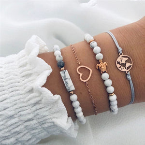 NEWBUY 6Pcs/Set Natural Beads Bracelet Boho Style Gold Heart Turtle Life Tree 8 Infinity Charm Bracelets For Women Girl