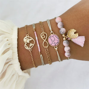 NEWBUY 6Pcs/Set Natural Beads Bracelet Boho Style Gold Heart Turtle Life Tree 8 Infinity Charm Bracelets For Women Girl