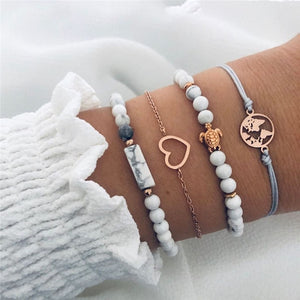 WUKALO 4 Pcs/ Set Gold Color Chain Bracelets Set for Woman Gold Color Heart Leaf Infinity Charm Wedding Bracelets Bangles