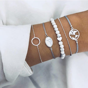 WUKALO 4 Pcs/ Set Gold Color Chain Bracelets Set for Woman Gold Color Heart Leaf Infinity Charm Wedding Bracelets Bangles