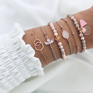 WUKALO 4 Pcs/ Set Gold Color Chain Bracelets Set for Woman Gold Color Heart Leaf Infinity Charm Wedding Bracelets Bangles