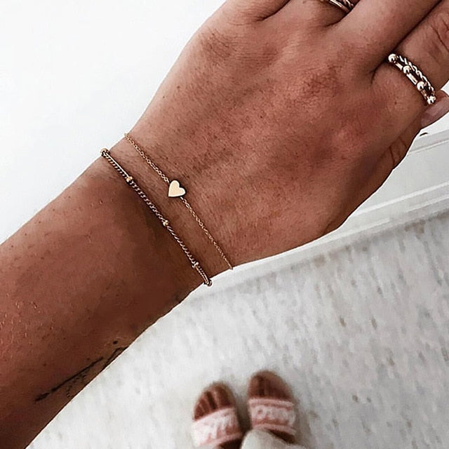 WUKALO 4 Pcs/ Set Gold Color Chain Bracelets Set for Woman Gold Color Heart Leaf Infinity Charm Wedding Bracelets Bangles